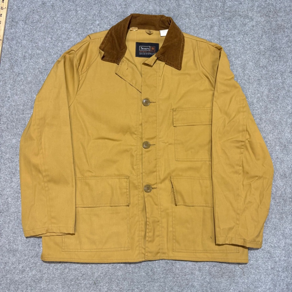 Vintage Sears Sports Center Field Jacket Tan Canvas Corduroy Collar Mens Large